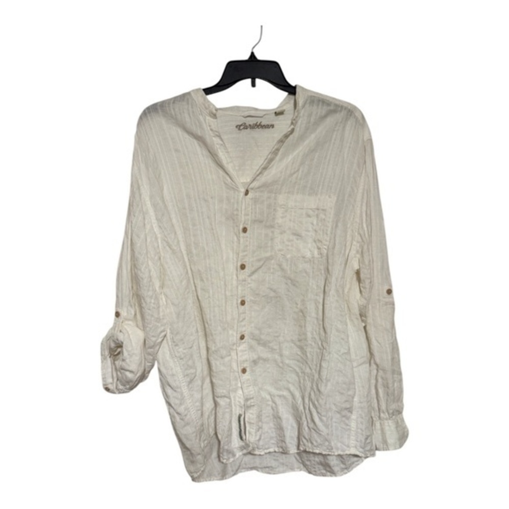 Carribean Mens Collarless Button Down Shirt Linen Rayon Long Sleeve Size XLT